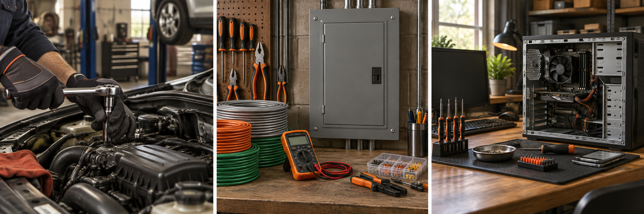 Illustrative scenes of automotive repair, electrical equipment, and a computer repair workspace